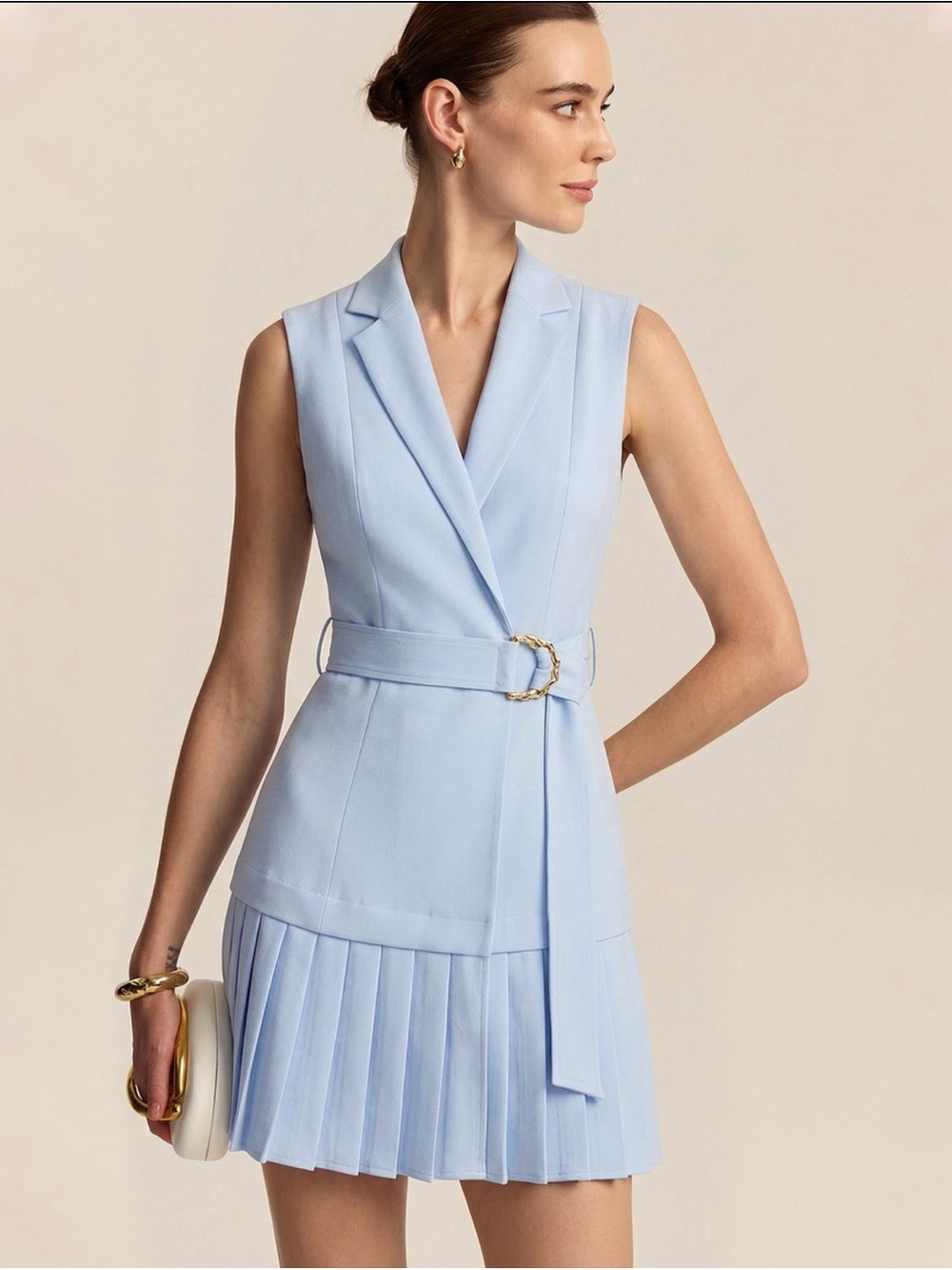 Commense Light Blue Belted Pleated Blazer Mini Dress